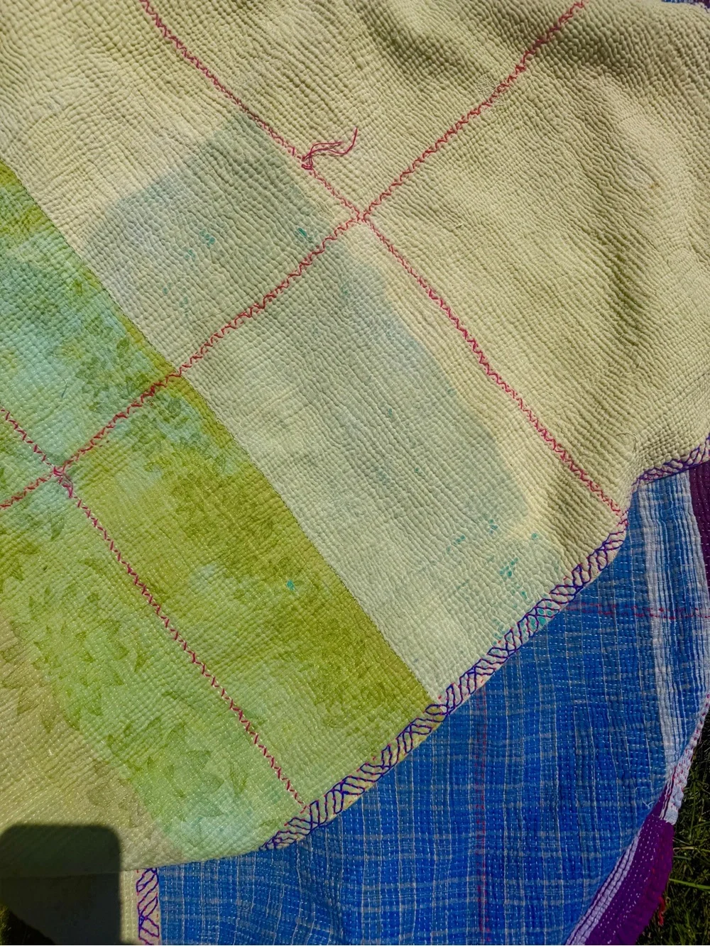 Handwoven Blue and Lime Kantha Throw with Pink Patches